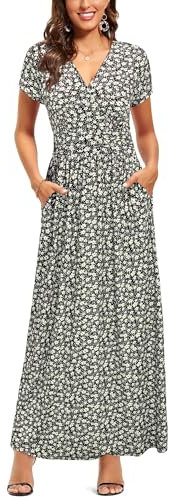 OUGES Women's Summer Casual V Neck Short Sleeve Floral Pattern Wrap Ladies Maxi Long Dress with Pockets(Floral-54,L)