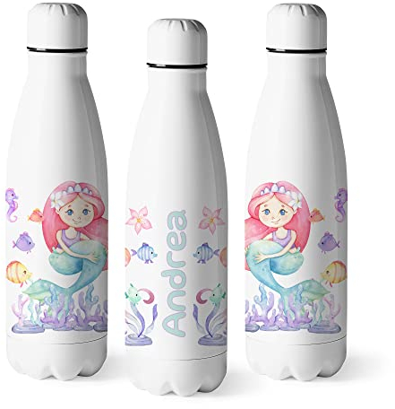 Zumo Digital Botella de Agua Personalizada Diseño de Sirena, Personaliza tu Nombre, Botella para Niñas, Libre BPA, Acero Inoxidable de 500ml (Sirena 4)