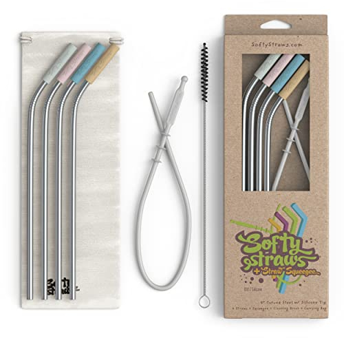 Softy Straws Premium Reusable Stainless Steel Drinking Straws With Silicone Tips + Patented Straw Cleaners and Carrying Case - 9” Long Metal With Curved Bend for 20/30/32oz Tumblers - Natural Colors