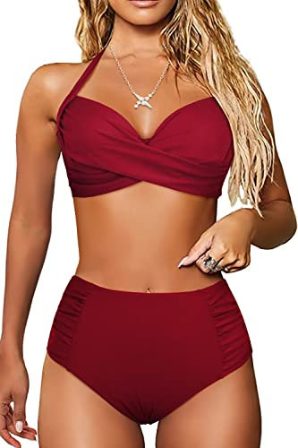 JFAN Costume da Bagno Donna Vita Alta Costumi Piscina Due Pezzi Imbottito Push Up Beachwear Reggiseno Bikini Donna Mare,Borgognaro L