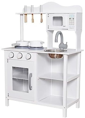 PEKECARS 10C404HW Cocina de Madera Infantil para niños +3 años con Fregadero de Acero Inoxidable, microondas y Horno. Cocinita de Juguete (58,5x30x85cm) Blanca con perillas Que giran y Accesorios