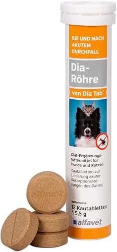 alfavet Dia Tab Röhre 12 x 5,5 g – Diät-Ergänzungsfuttermittel für Hunde & Katzen – Kautabletten bei Durchfall – Mit Bentonit & pflanzlichen Inhaltsstoffen zur Regulierung der Verdauung