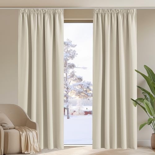 PONY DANCE Pencil Pleat Door Curtain Blackout - 2 Panels Thermal Insulated Curtains for Living Room Privacy Screen Heat Cold Blocking, 66 inch Width x 84 inch Drop, Light Beige