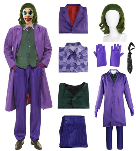Costume da clown da uomo pagliaccio cosplay vestito viola con gilet camicia pantaloni cravatta guanto parrucca 8 pezzi set deluxe accessori carnevale uomo cattivo costumi per adulti Halloween vestito