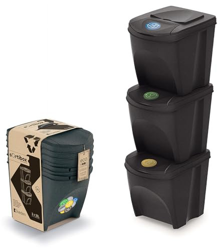Poubelle à 3 Compartiments, système de tri sélectif à 3 Compartiments, de qualité supérieure, Robuste et spacieuse, 3 x 25 l, pour Un tri Efficace des déchets, Noire, 3 x 25 l (Anthracite ECO, 3x25L)