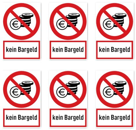 Aufkleber: 75x50 mm, 6 Stück - kein Bargeld - Verbotszeichen mit Text (deutsch) (rot/weiß) - hochkant - DIN EN ISO 7010 / ASR A1.3