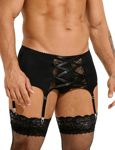 ohyeahlady Spitze Unterwäsche Herren Strumpfhalter Große Größen Ouvert Strumpfhose Sissy Dress Crossdresser Transparent Dessous Reizwäsche Gay Underwear Cosplay Garter Belt mit 4 Clips Schwarz S