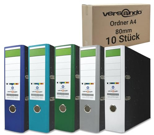 versando Farbmix Winterfarben 10x breiter Premium Ordner DIN A4 Aktenordner 8cm Ringordner - Blauer Engel zertifiziert - weiß grau grün türkis blau