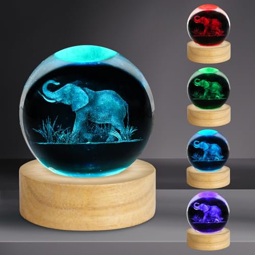PYMIN3D 3D Elephant Engraved Crystal Ball Night Light 2.4in Figurines Decor Table Lamp With 16 Colors Change Remote Control for Birthday Christmas Gifts for Women Friends Kids Teen