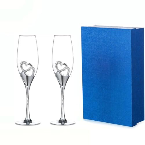 Kristall Sektgläser Weingläser Gläser mit Geschenk Box 2er Set, Romatische Champagner Gläser mit Diamant-Besetzt Herzförmig für Hochzeit, Haus Deko, Hochzeitsjubiläum Geschenk, Party