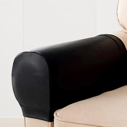 Hearda 2 Stück PU-Leder Elastische Armlehnenbezüge Couch Armlehnenschoner, Stretch Abnehmbar Sesselbezug rutschfest Wasserdicht Sesselschoner Armkappen für Stühle Sofas (Schwarz)