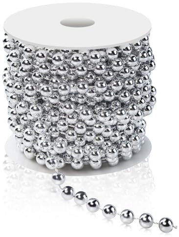 10m Perlengirlande, 8mm Pearl Kette Perlenband Perlenkette Deko Girlande Kunstperlen, Hochzeit Perlenschnur für Hochzeits Partydeko Geburtstag Taufe Tisch Deko DIY Handwerk (Silber)