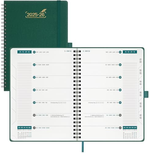 BEZEND Kalender 2026 Terminplaner A5 1 Woche 2 Seiten, Wochenplaner von Juli 2025 bis Dezember 2026, Buchkalender Spiralbindung mit Pu-Leder Softcover, Waldgrün