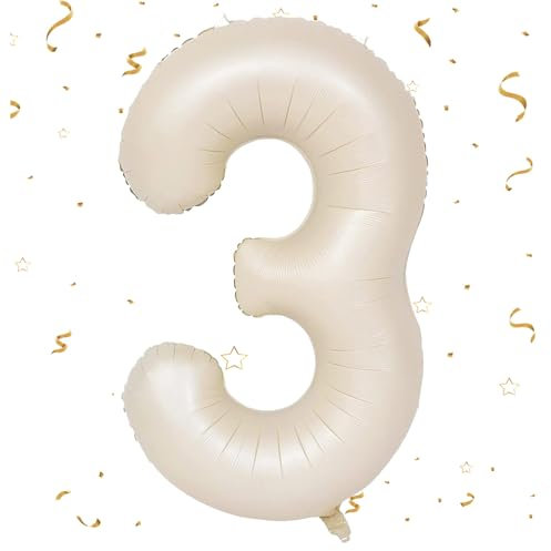 EWODEIEW Zahlen Luftballon 3 Beige,40 Zoll Luftballon Zahlen 3 Folien Ballon,Luftballon 3. Geburtstagsdeko Mädchen Riesen Folienballon 3. for Mädchen Jungen Birthday Party Geburtstag Dekor