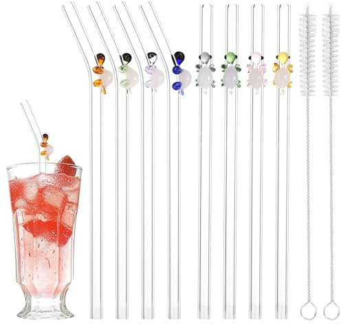 Gosknor 8pcs Reusable Glass Straws with Charms, Cute Turtle Straight & Bent Drinking Straw with 2pcs Cleaning Brush for Smoothies Iced Coffee Juice Shatterproof Aesthetic Drinkware