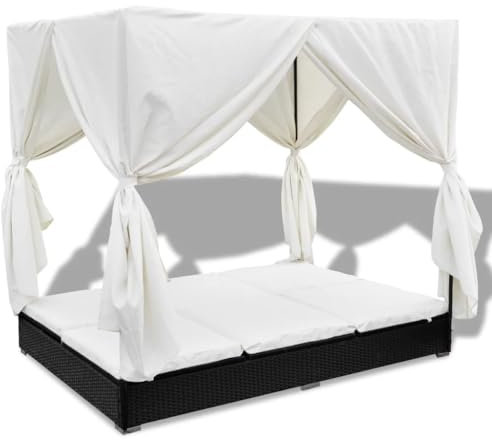 Refined Sonnenliege Vorhänge Doppelliege Gartenliege Liegestuhl Outdoor-Loungebett mit Vorhang Poly Rattan Schwarz