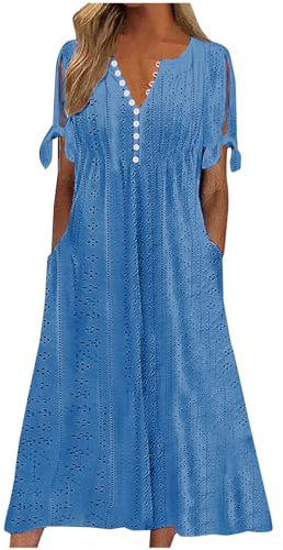Dresses for Women UK, Holiday Essentials Ladies Summer Boho Dresses Short Sleeve Casual Beach Midi Sundress V Neck Hollow Out Eyelet Ruffle Swing A Line Flowy Vacation Dress