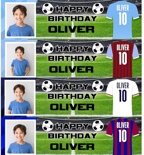 Personalisiertes Fußball-Geburtstagsbanner mit Bild, 152 x 43 cm, individuelle Party-Dekoration für Mädchen und Jungen, Fußball-Motto-Partyschild für Kinder, Barca