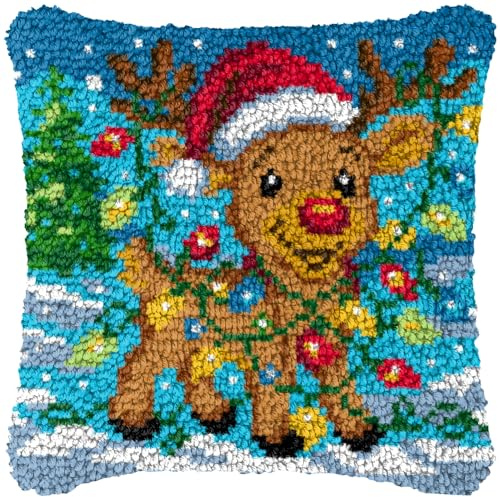 ZUHK 3D DIY Latch Hook Kits -17x17 Inch with Colorful Printed Canvas,Beginners Animals Latch Hook Pillow Kit,fit for Christmas, Halloween,Home Sofa Decoration (U Milu Deer)