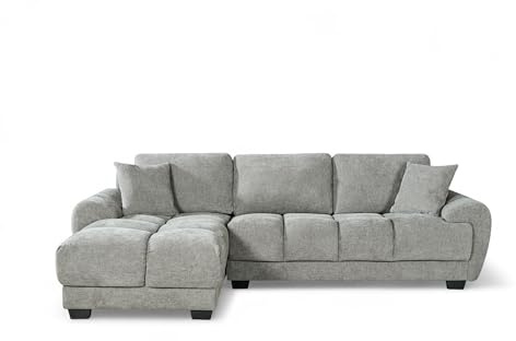 Modern Chenille Corner Sofa with Chaise JACK - 3 Seater Sofa with Chaise for Living Room Lounging with Durable Fabric, Solid Wood Frame, Pillows and Removable Cushions - LEFT HAND FACING GREY