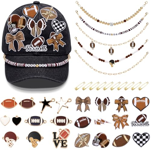 Trnayi 38 Pcs Football Trucker Hat Chains Game Day Steel Detachable DIY Chains with Embroidered Football Patches Enamel Pendant for Hat Charm Decoration Women Mesh Cap Accessories