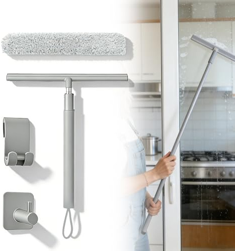 Raclette de Douche Réglable 30-120 cm, Raclette à Vitres avec Télescopique Manche, Raclettes Salle de Bain avec Support, Raclett de Sol, Raclett de Fenêtre pour Verre Miroir Carrelage Fenêtre(Gris)