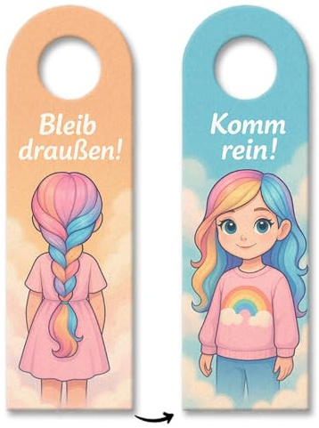 speecheese Türhänger Mädchen Regenbogenhaar Bleib draußen Komm rein | Farbenfroher Türanhänger mit lustigem Spruch