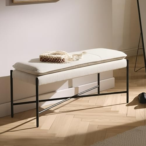 Ya-Home Hallway Bench Bed End Stool with Thick Cushion 115cm, Beige | Linen Fabric, Black Metal Legs, Modern Upholstered Dining Bench, Window Seat