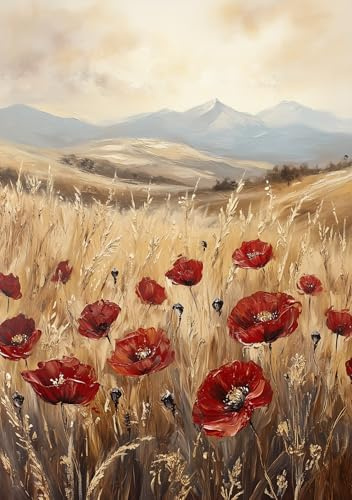 STYLER Leinwandbild Poppy Fields 60 x 80 cm – Leuchtendes Mohnfeld mit sanfter Hügellandschaft – Elegantes Natur-Wandbild in warmen Erdtönen