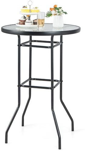 COSTWAY Gartentisch, 97 cm hoher Stehtisch, runder Bistrotisch mit Tischplatte aus gehärtetem Glas, Bartisch für Terrasse, Hof, Pool