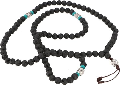 GURU SHOP Tibetische Mala aus Halbedelsteinen, Buddhistische Gebetskette, Meditationskette, Yoga Kette - Lava/Türkis