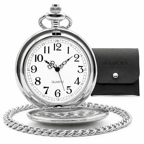 Sevinora Taschenuhr Vintage – Glattes Gehäuse mit Innen-Gravur – Präzises Quarzwerk – Klassische Uhr mit 37cm Clip-Kette – Römische Zahlen – Retro Geschenk für Herren & Damen inkl. Etui