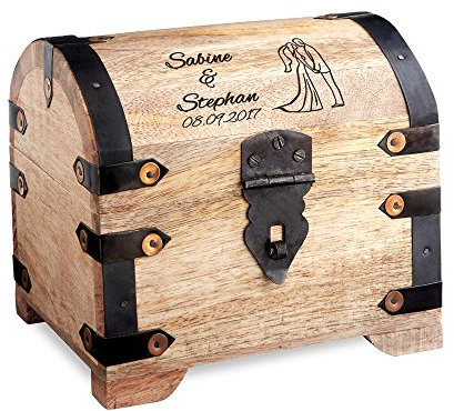 Casa Vivente Scrigno in Legno Chiaro con Incisione Personalizzata con Nomi e Data, Motivo Sposi, Forziere Vintage, Idea Regalo Nozze