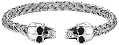 JewelryWe Schmuck Herren Armband, Gegenüber Totenkopf Schädel Draht geflochten Offen Armreif Armspange, Edelstahl, Silber