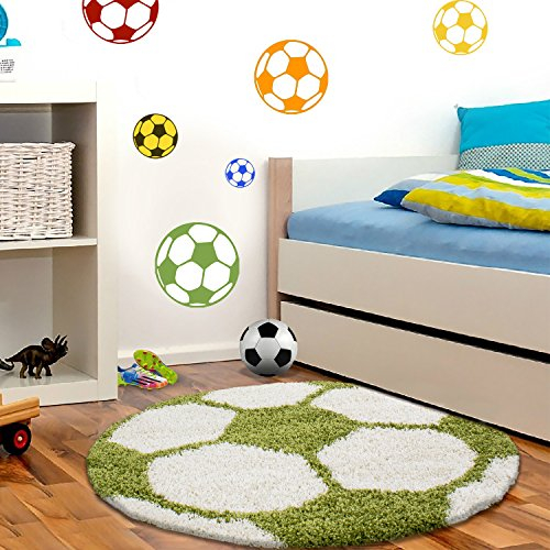 HomebyHome Runder Kinderteppich Hochflor Langflor Shaggy Fusball Design Kinderzimmer Babyzimmer Spielzimmer 30 mm Florhöhe Flauschig Weich Rund, Farbe:Grün, Grösse:100 cm Rund