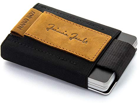 Jaimie Jacobs Nano Boy Mini Wallet, Mini Geldbörse aus Textil, Kleiner Geldbeutel, Slim Wallet mit Zugband Kartenhalter, Mini-Portmonee, Kartenetui für Herren und Damen (Büffelleder Hellbraun)