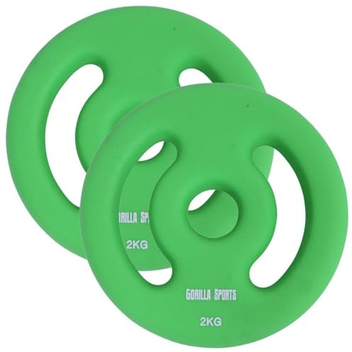 GORILLA SPORTS® Neopren-Hantelscheiben 2er-Set, 1–5 kg, 30/31 mm, Griffe | Gusseisenkern mit Neoprenbeschichtung, bodenschonend, langlebig und rutschfest; Gewichtsscheiben, Hantelscheiben-Set