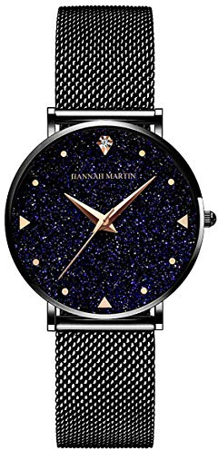 HANNAH MARTIN Sternenhimmel Damen Uhren Analog Quarz Edelstahl Wasserdicht Mesh Ultradünne (Schwarz Oberfläche ,Schwarz Armband)