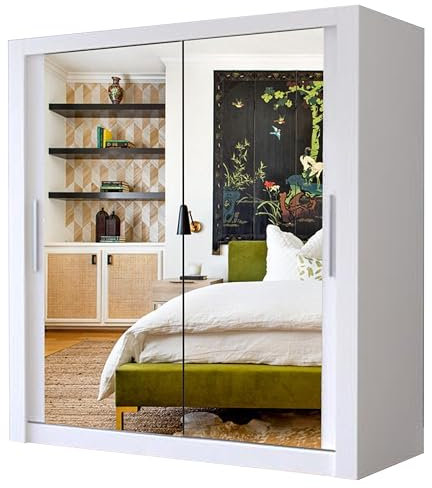 A.C. Milan Modern Double Mirror sliding door wardrobe with LED Light Width 100cm/120cm/150cm/180cm/203cm/250cm (180, White)