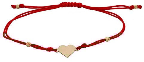 Bracelet d'amitié en or jaune 9 carats avec cœur et cordon rouge, 19 cm, Or jaune