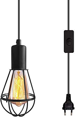 Suspension Luminaire Industrielle Luminaire Plafonnier Industriel Lustre Industriel Vintage Noir Lampe Cage,4.5M Cable avec Interrupteur,Douille E26/E27 Lustre avec Prise pour Cuisine Bar Café(4.5M)