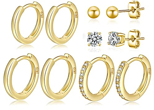 MOROTOLE 4 Paar kleine Creolen für Damen 925 Silber Post Huggie Set 18 Karat Gold/Silber Creolen Schläfer Ohrringe für Mädchen Mehrere Piercings Kleine Kugelohrstecker