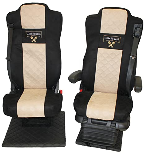 LKW Sitzbezüge für Mercedes Actros MP5 und MP4 mit klappbarem Beifahrersitz beige schwarz. Beide Kopfstützen 8cm.