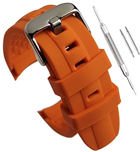 Buckle & Stitch Bracelet de montre en caoutchouc de silicone – Extrémité incurvée de 22 mm – Conçu pour les montres Seiko – Noir, orange, bleu marine, 22mm