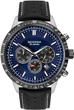 Sekonda Men's Chronograph Watch, Blue dial with Black Leather Strap 1971