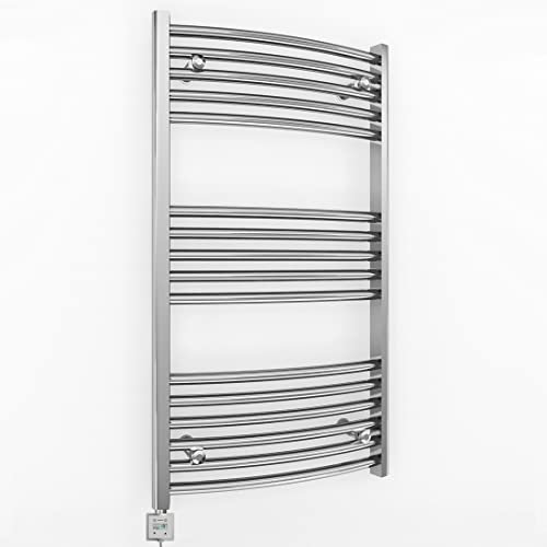 Myhomeware 550mm Wide Curved Chrome Electric Bathroom Towel Rail Radiator With Thermostatic Electric Element UK Pre-Filled (KTX Thermostatic Element + Timer, 550 x 900 mm (h))