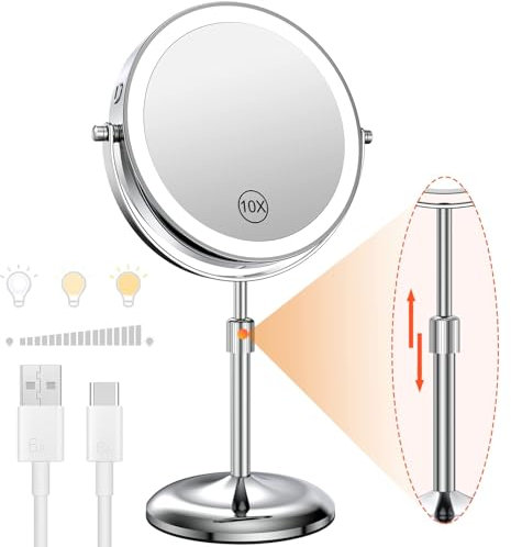 Benbilry Lighted Makeup Mirror with 10X Magnification & 3 Color Lights, Adjustable Brightness & Height, 7 Inch 360° Swivel Rechargeable LED Vanity Mirror, for Women Girls (Silver)