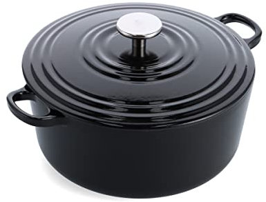 BK Cookware Bourgogne emailliertes Gusseisen 26cm/5.3L Dutch Oven Topf mit Deckel, induktionsgeeignet, runde Kasserolle zum Backen, Schmoren, Eintöpfe, Jet Black