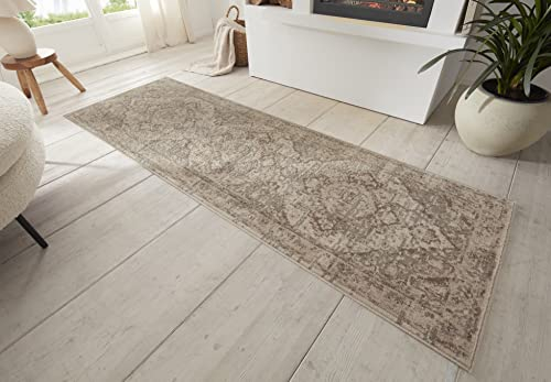 Hanse Home Sand Vintage Teppich – Orientalischer Kurzflor Wohnzimmerteppich Weicher Orient-Teppich Läufer für Schlafzimmer, Esszimmer, Wohnzimmer, Flur, Küche – Creme Braun, 80x200cm