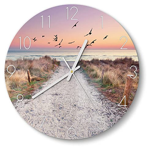 DEQORI Glasuhr | rund Ø 30 cm | Motiv Strandaufgang zur Ostsee | ausgefallene leise Design Uhr aus Glas | Wanduhr für Wohnzimmer & Küche | Moderne Hingucker Uhr für die Wand